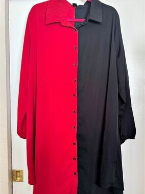 EUC Women's Color Block Button Down Dress Red Black Long Sleeve Size 2X NO BELT